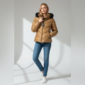 Express down filled fur trim hood iridescent Puffer Jacket S